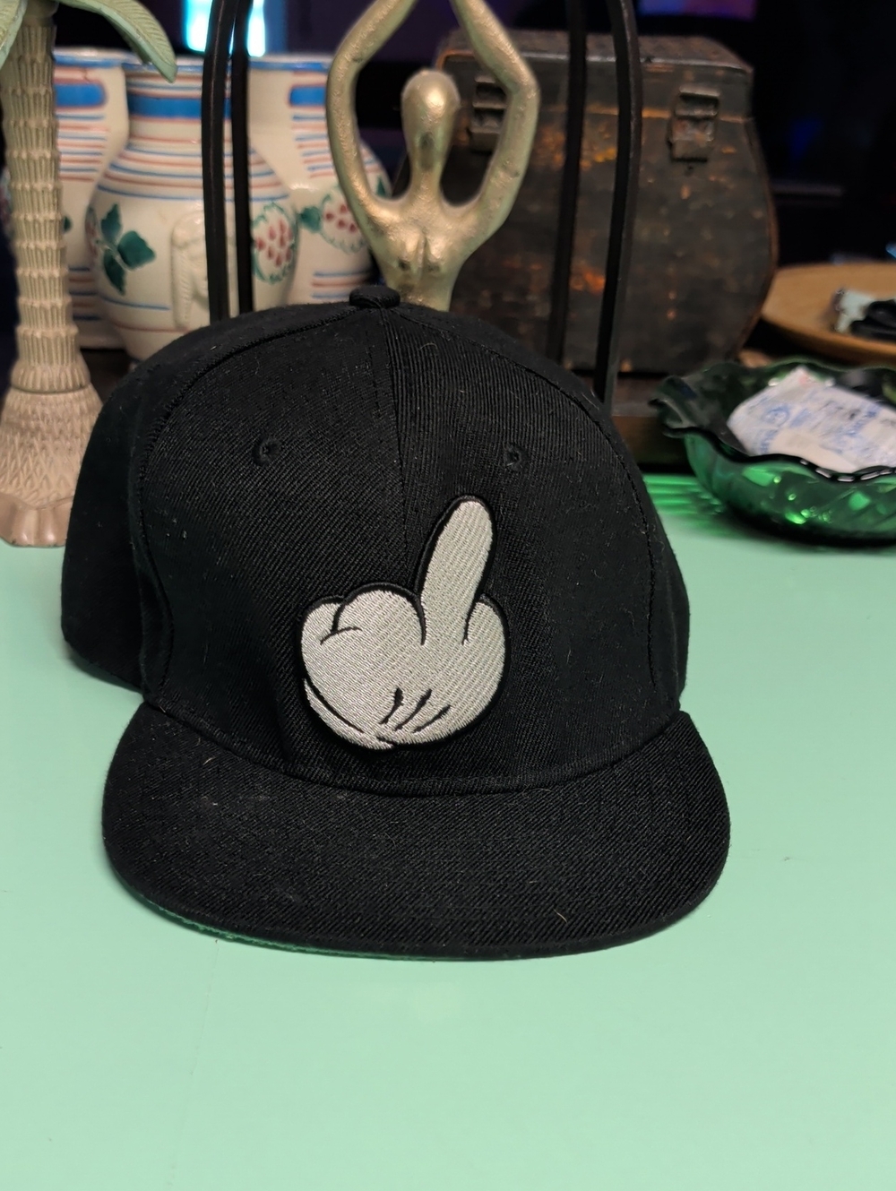 DOPE Black Snapback Hat with White Cartoon Hand Patch